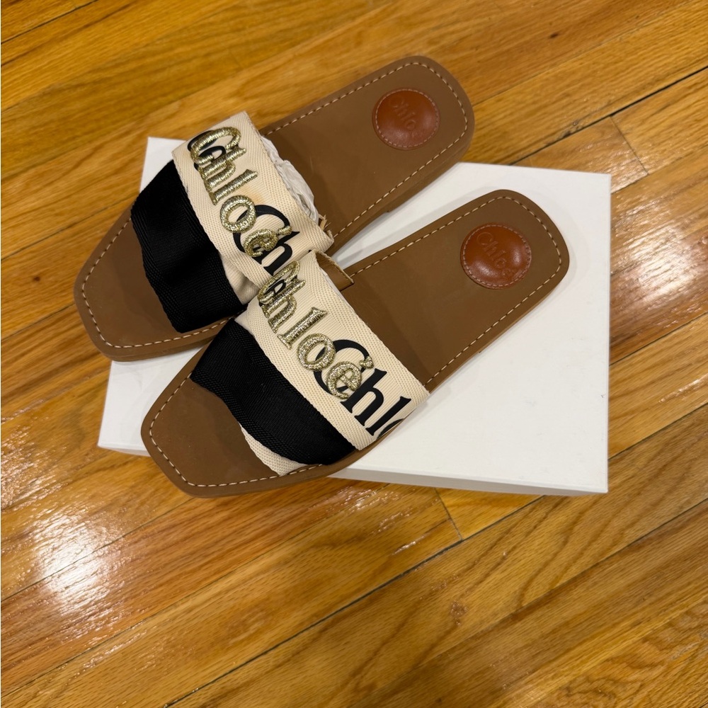Chloé Woody Logo Slides Sandals Black/Cream Size 40 - Picture 4 of 6